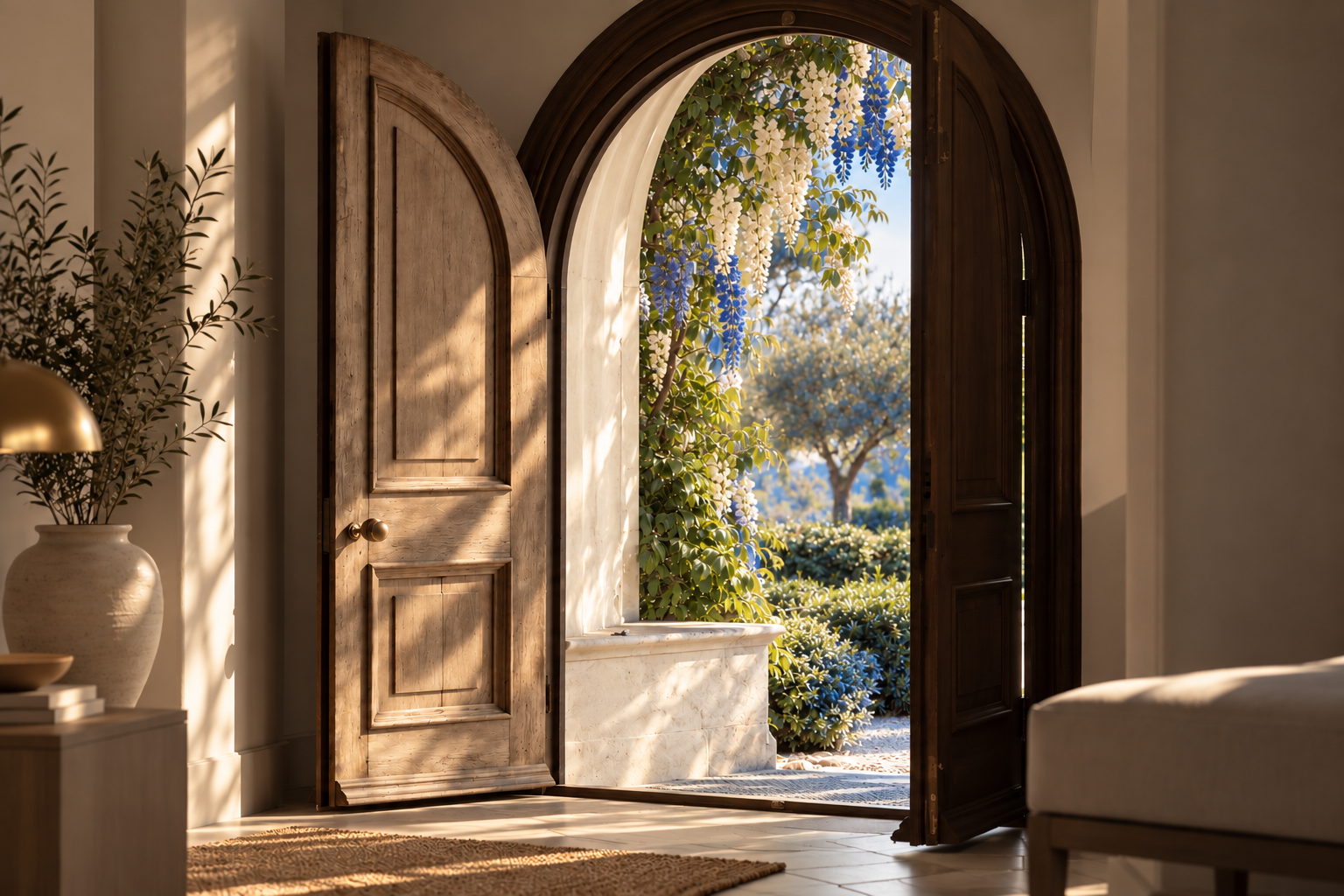 An open arched wooden doorway with blue wisteria in bloom